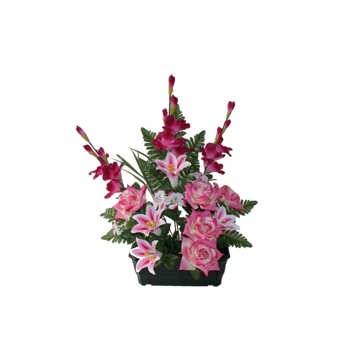 Jardinière de roses + lys + freesia - Hauteur 60 cm - Rose