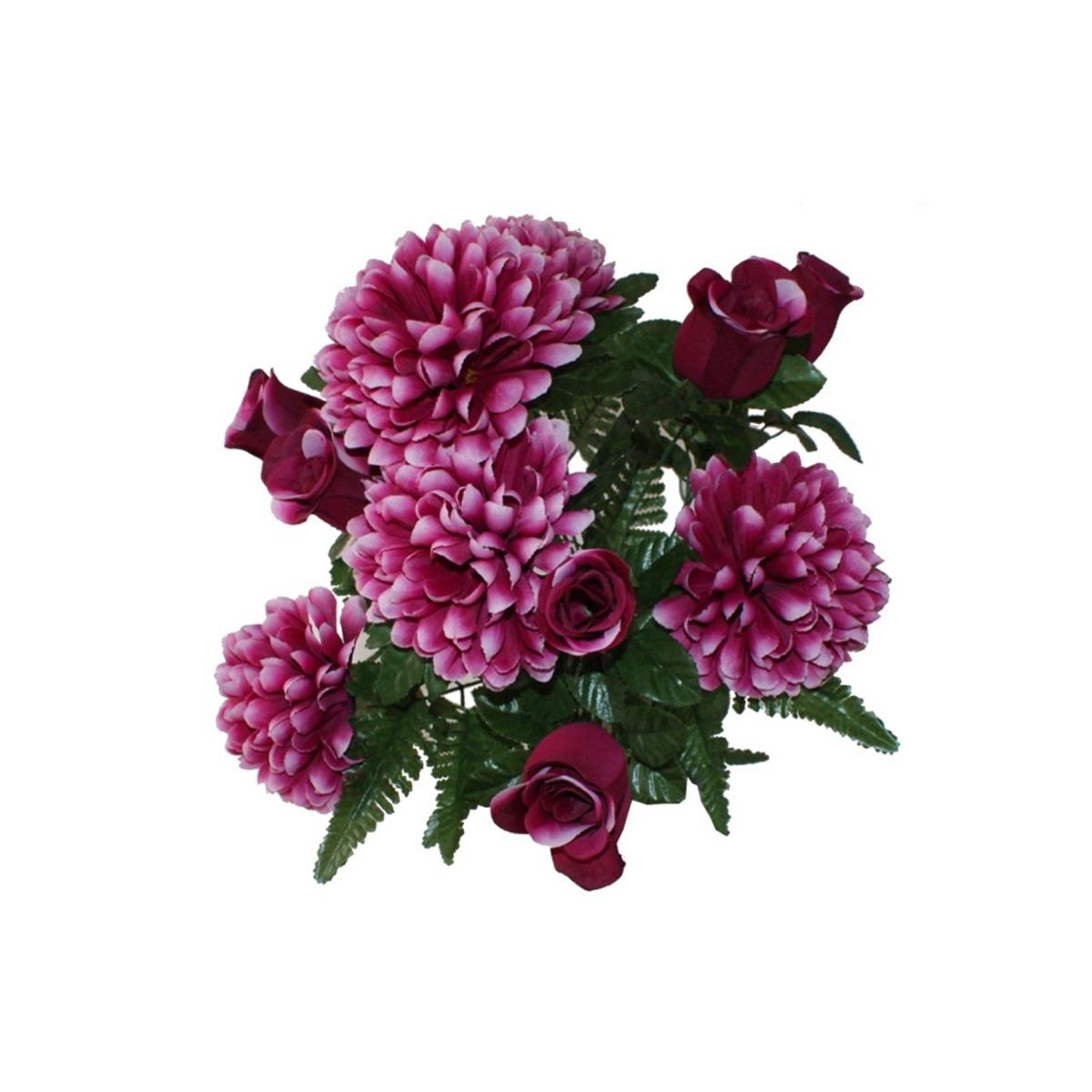 Piquet 12 roses + chrysanthèmes - Hauteur 50 cm - Rose fushia