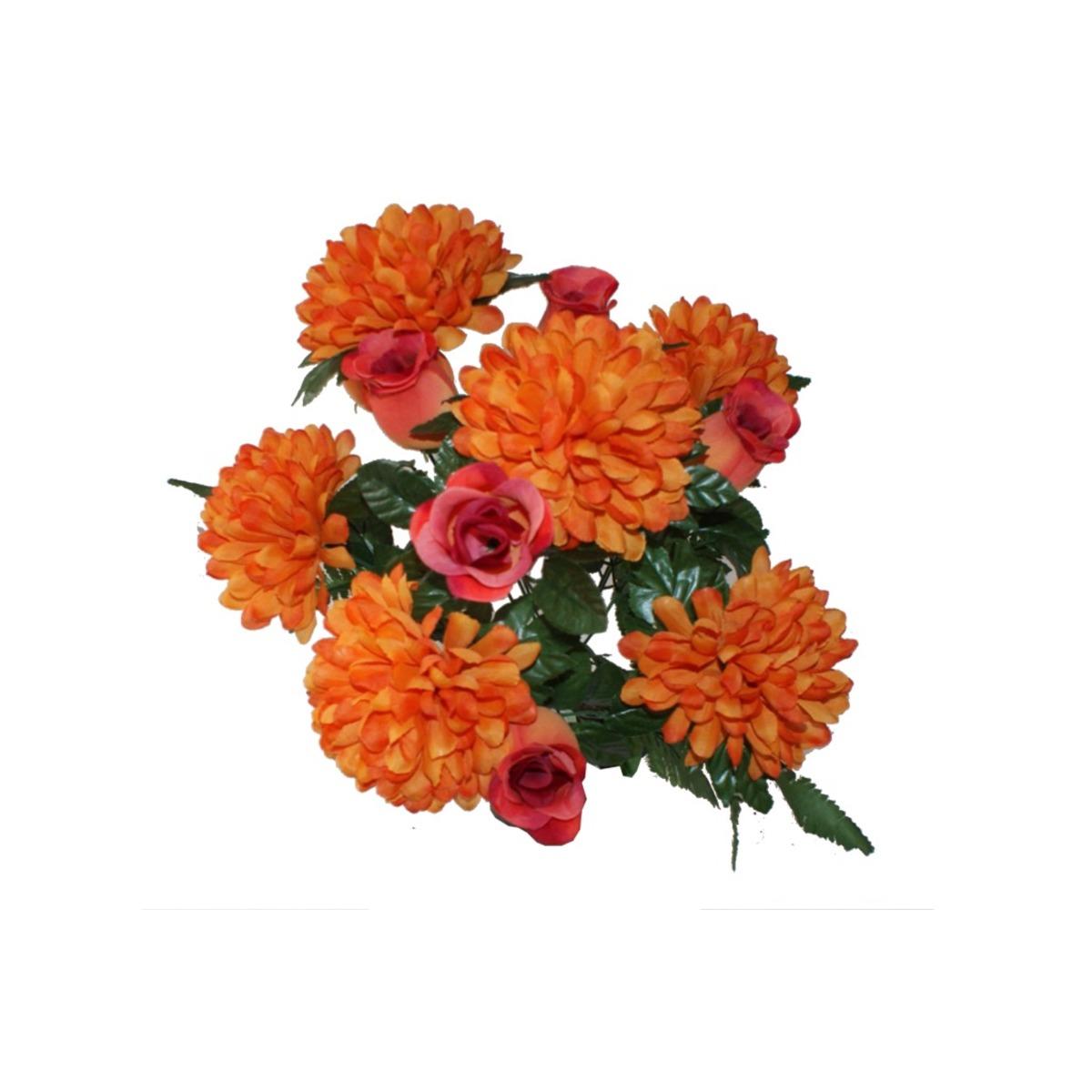 Piquet 12 roses + chrysanthèmes - Hauteur 50 cm - orange feu