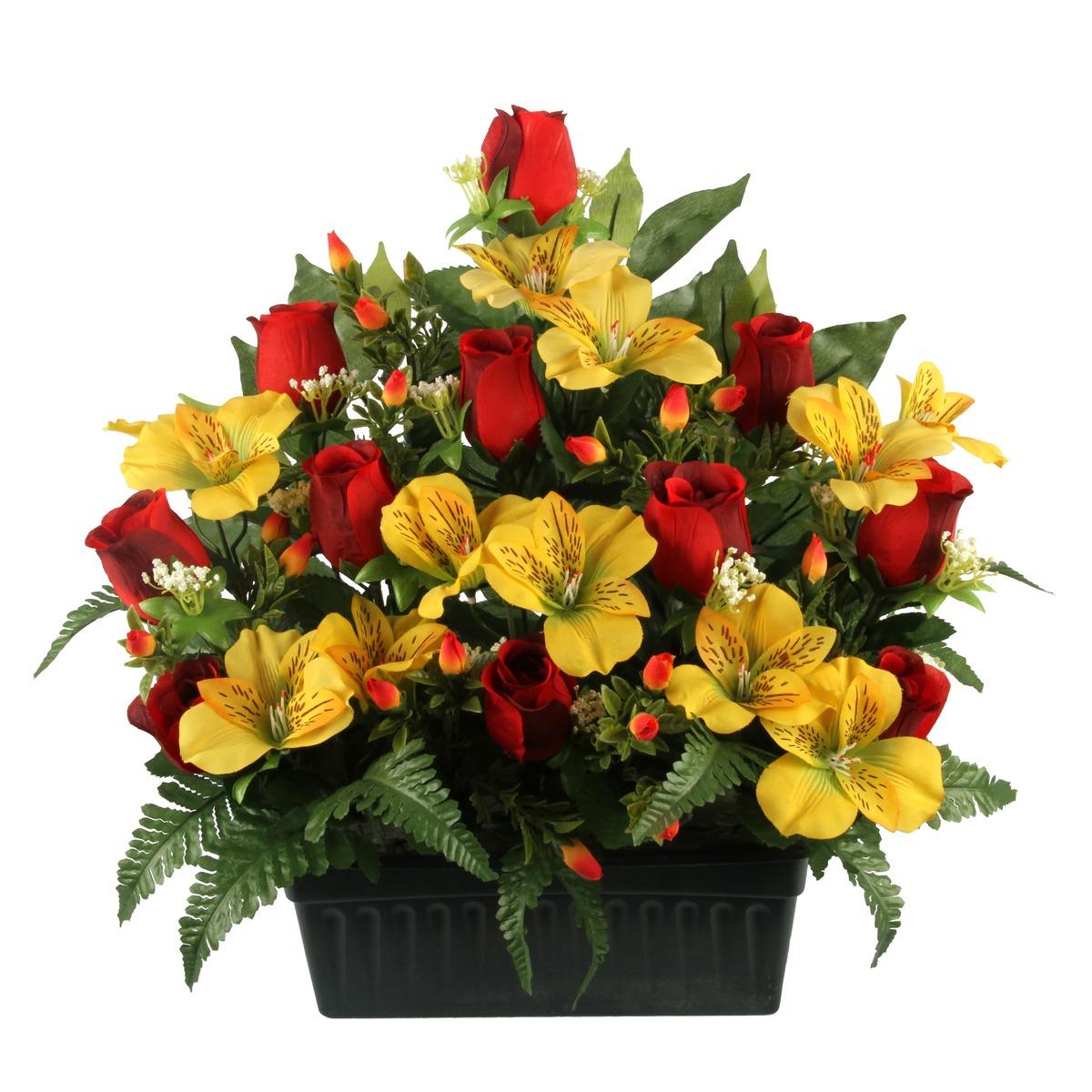 Jardinière boutons de roses + alstroemerias + feuilles + fougères - Hauteur 42 cm - Différents modèles