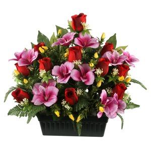 Jardinière boutons de roses + alstroemerias + feuilles + fougères - Hauteur 42 cm - Différents modèles