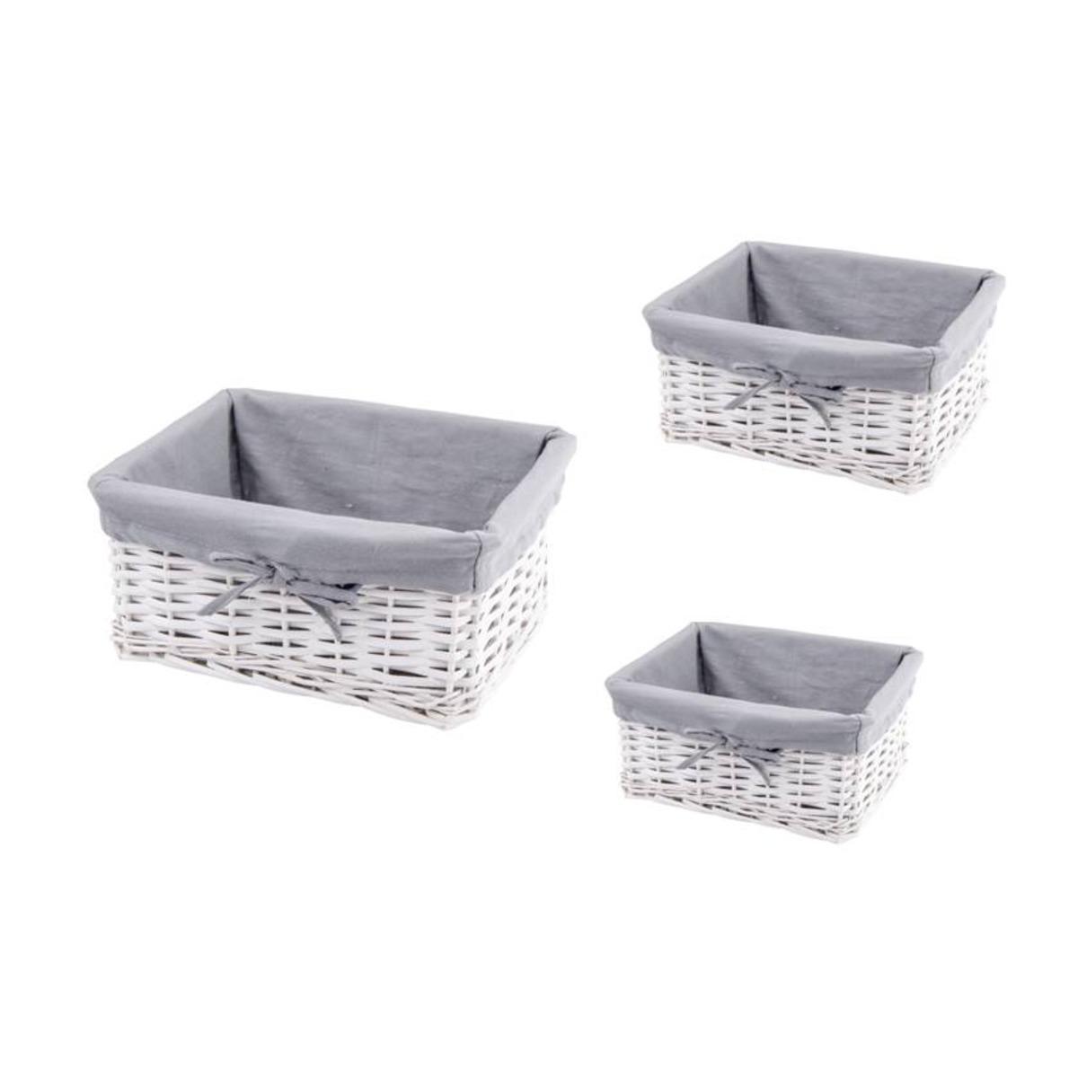 Lot de 3 paniers - 30 x 24 x H 14 cm - 26 x 20 x H 12 cm - 22 x 16 x H 10 cm - Gris, Blanc