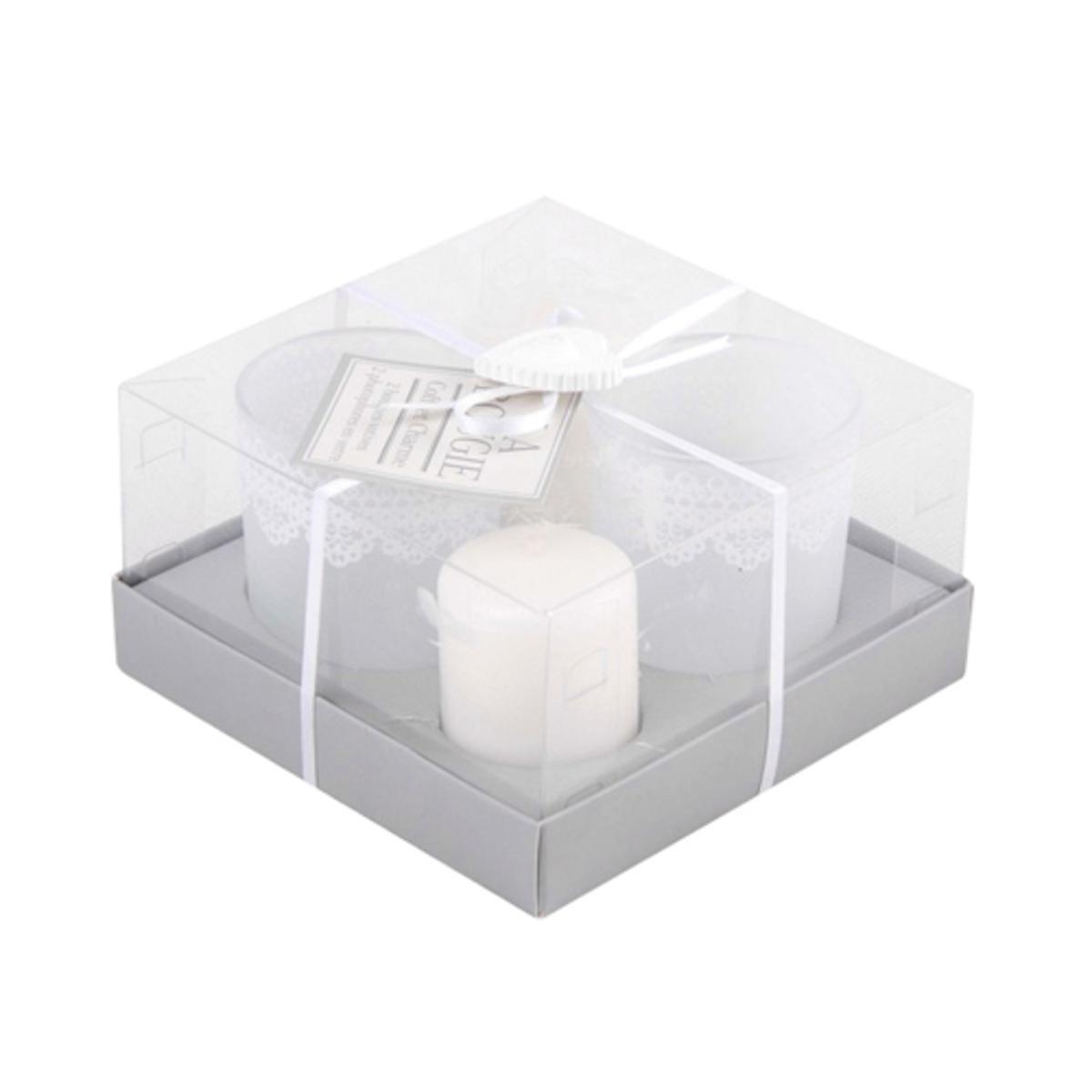 Coffret 2 bougies + 2 photophores en verre  - 13 x 13 x 7 cm - Blanc