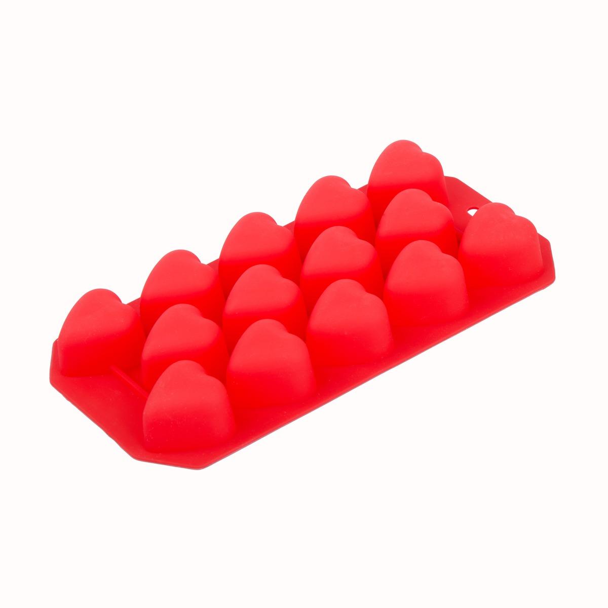 Plaque de 14 moules silicone en forme de cœurs - 21,5 x 11 x 2,3 cm - Rouge