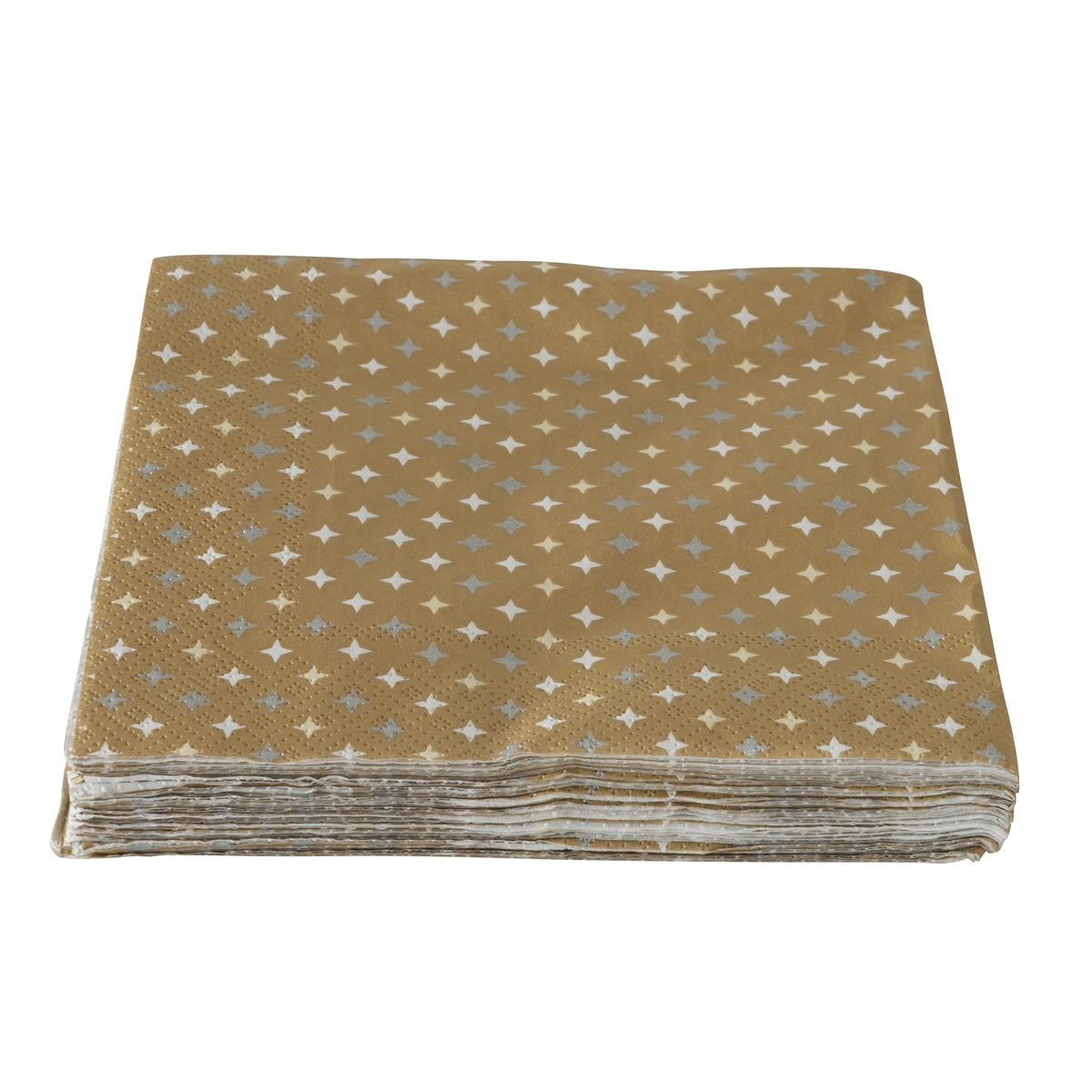 Lot de 20 serviettes en papier motif étoiles - 33 x 33 cm - Jaune or, Blanc, Gris argenté