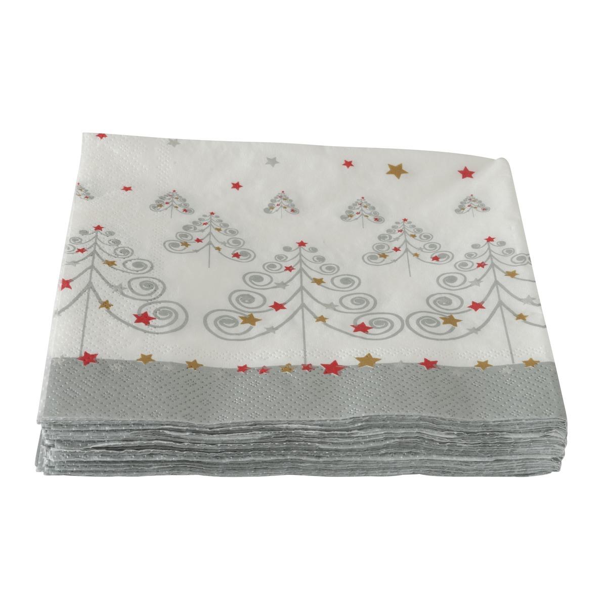 Lot de 20 serviettes en papier motif sapin de Noël - 33 x 33 cm - Blanc, Rouge, Gris