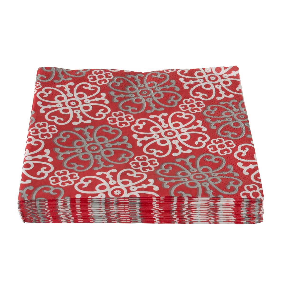 Lot de 20 serviettes en papier motif arabesques - 33 x 33 cm - Blanc, Rouge