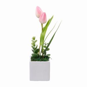 Composition tulipes 2 LED -7 x 7 x H 25 cm - Blanc, Rose