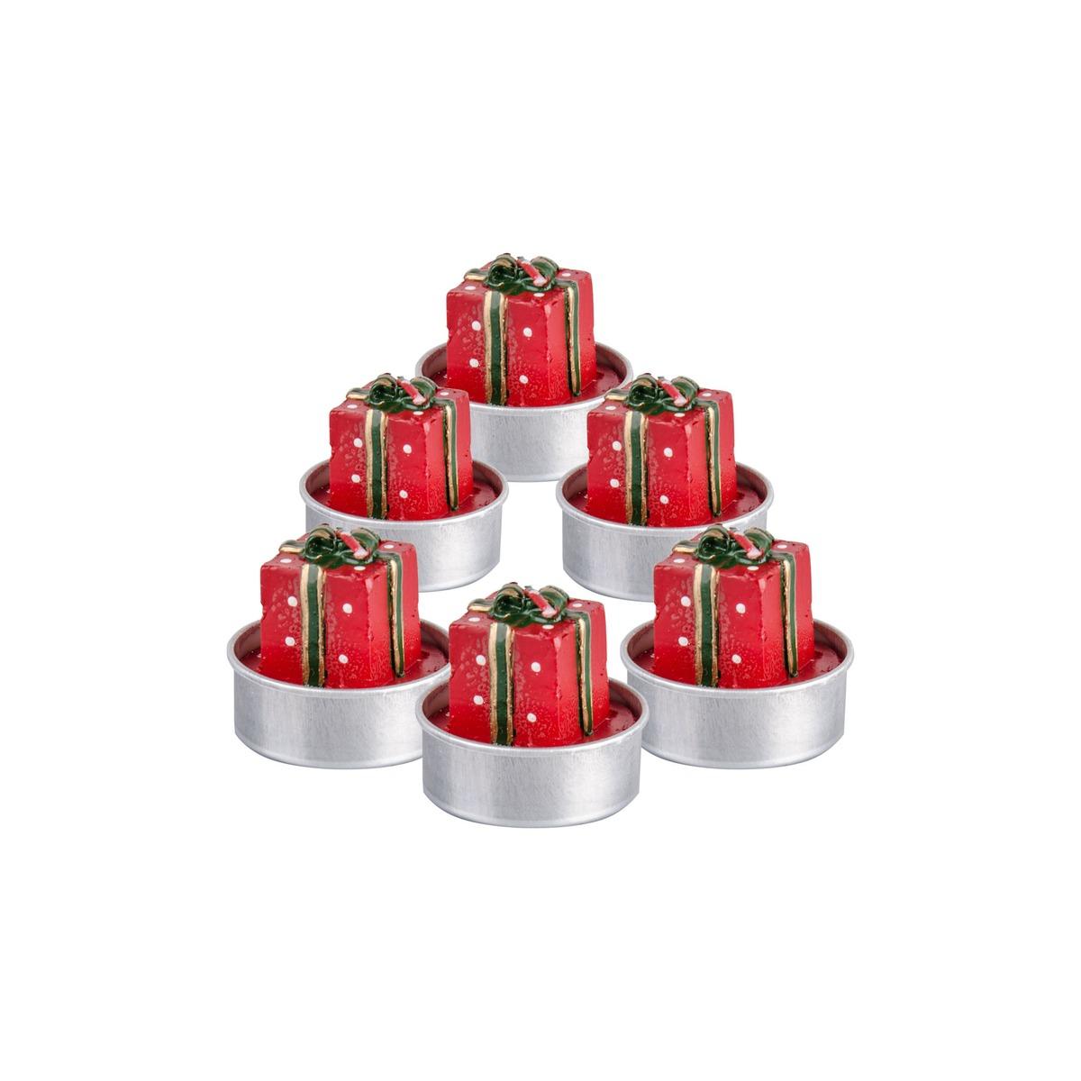 Boîte de 6 bougies chauffe-plat forme de cadeau - 13,7 x 9 x H 4,2 cm - Rouge