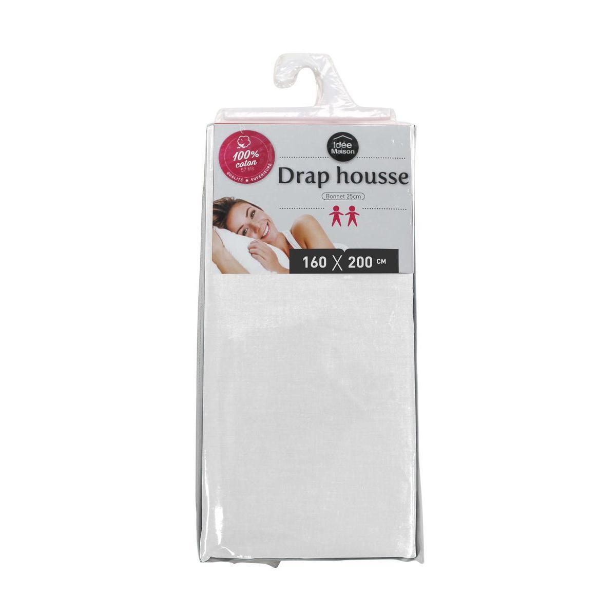 Drap housse 100% coton 57 fils 160 x 200 cm - bonnet 25 cm - blanc