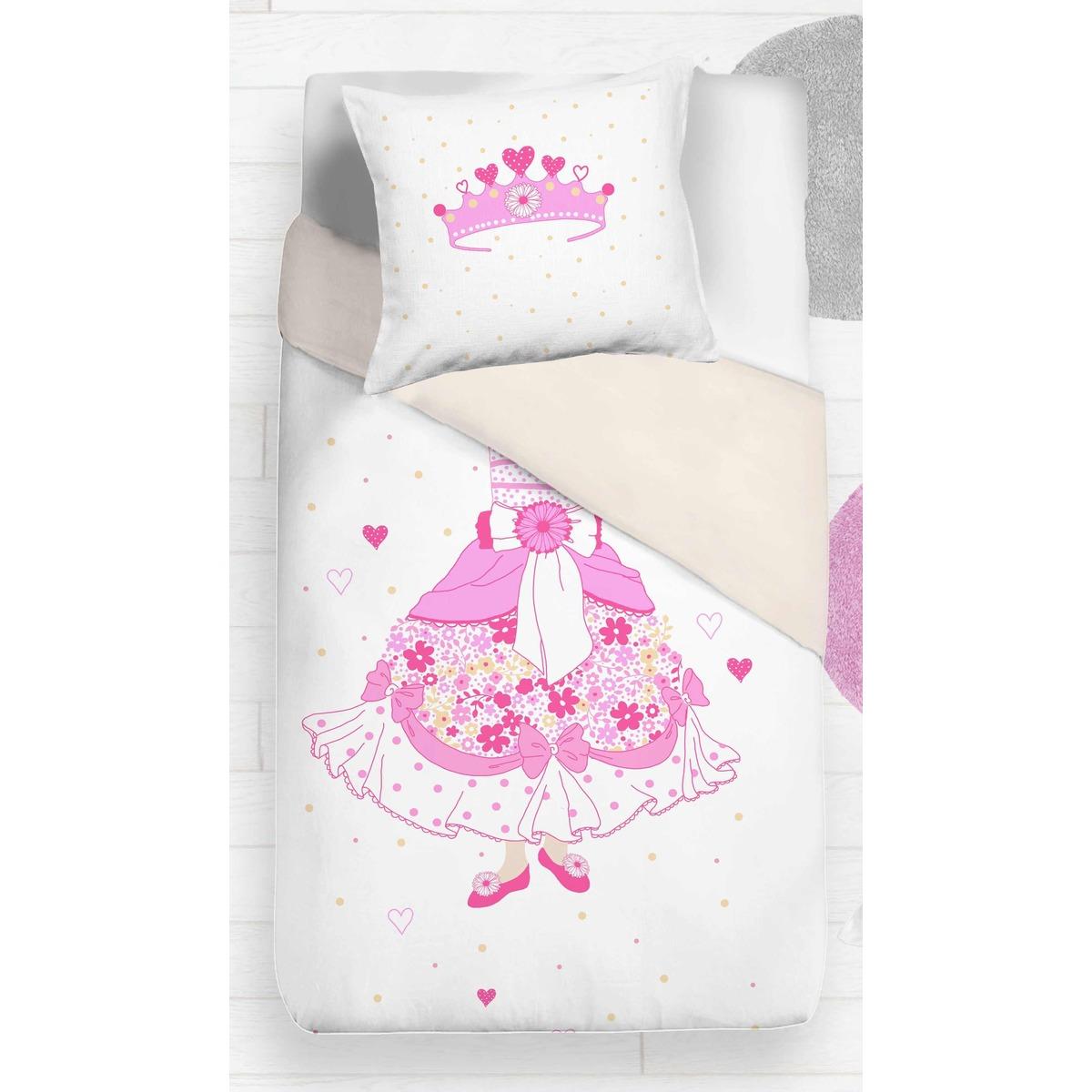 Parure de couette princesse + 1 taie d'oreiller - 140 x 200 cm - Blanc, Rose