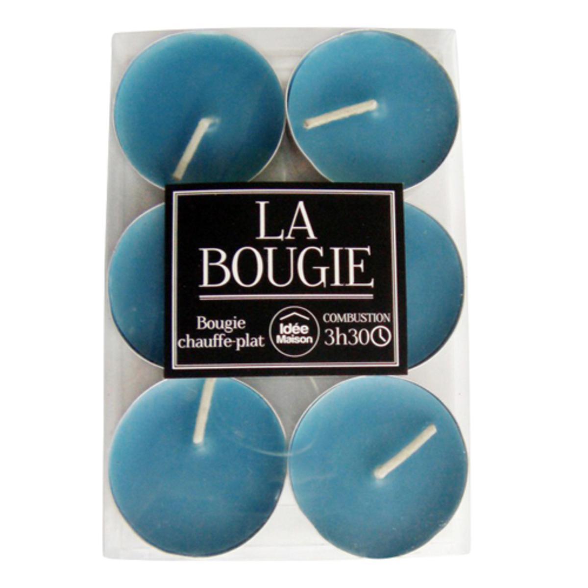 Lot de 6 bougies chauffe-plat en paraffine - 3,8 x H 1,5 cm - Bleu