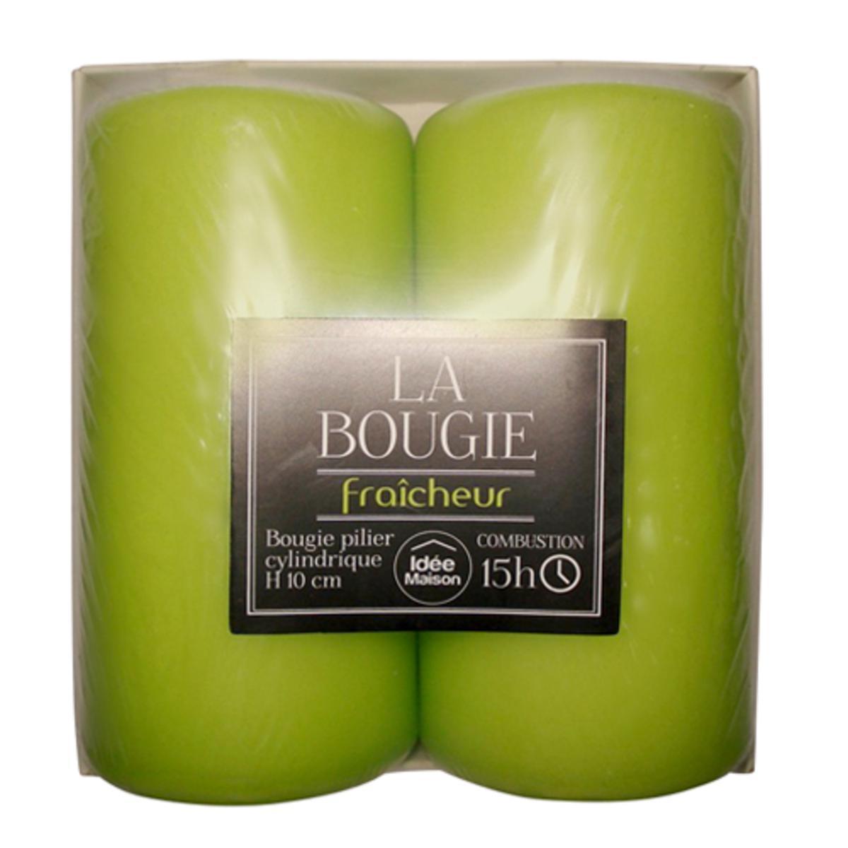 Lot de 2 bougies cylindriques en paraffine parfum fraîcheur - 4,8 x H 10 cm - Vert