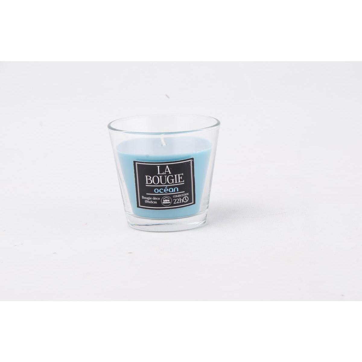 Bougie parfumée océan - Verre et paraffine - Ø 9 x H 8 cm - Bleu et transparent