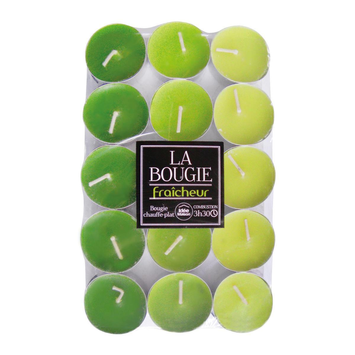 Lot de 30 bougies chauffe-plat en paraffine - parfum fraîcheur - Diamètre 3,8 cm -  Vert