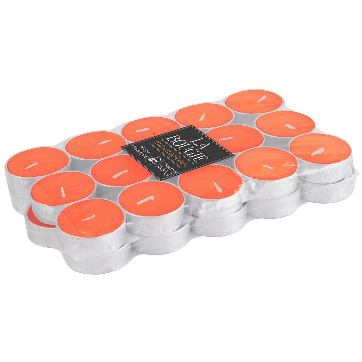 Lot de 30 bougies chauffe-plat en paraffine - parfum fruits tropicaux - Diamètre 3,8 cm - Orange