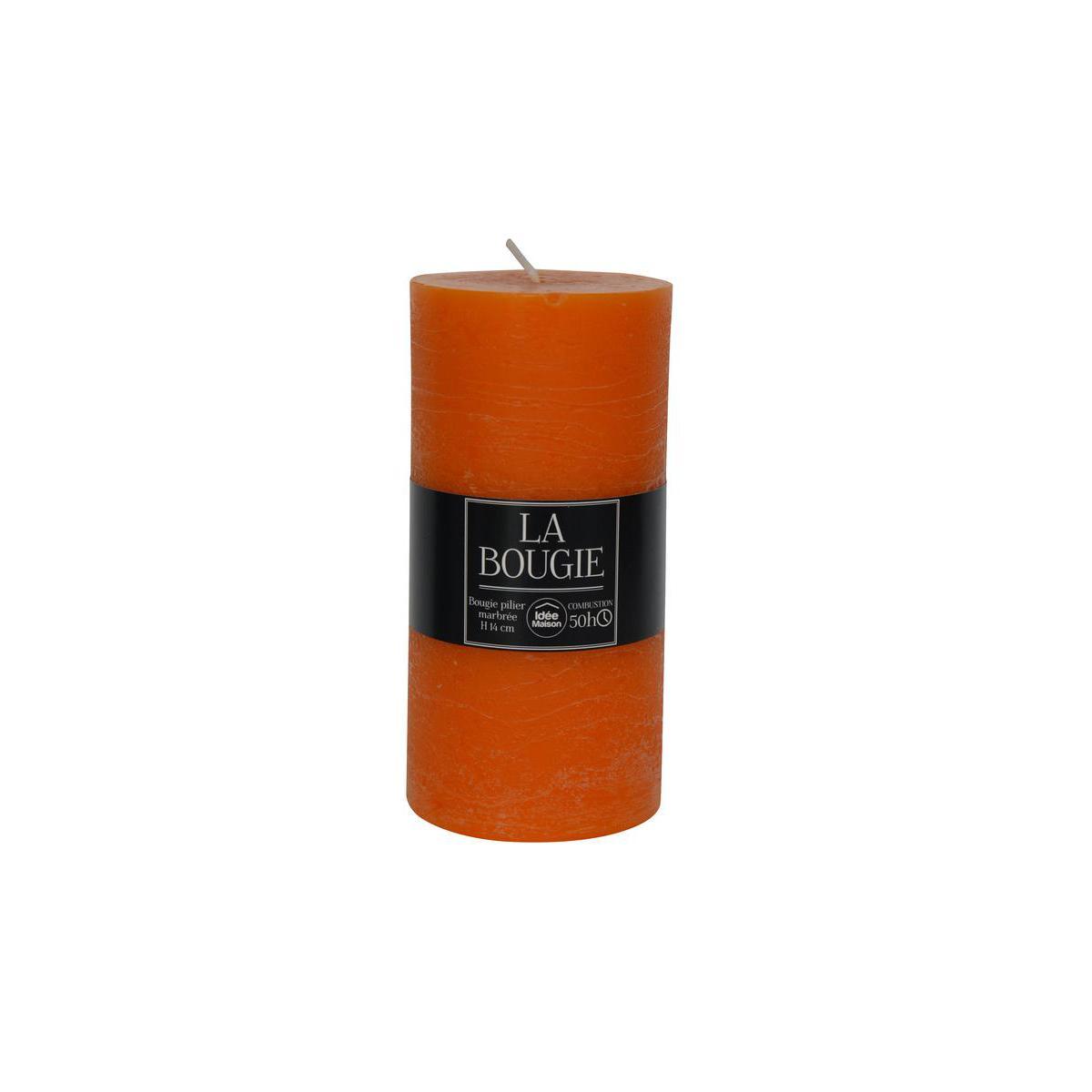 Bougie cylindrique en paraffine effet marbre - 7 x H 14 cm - Orange