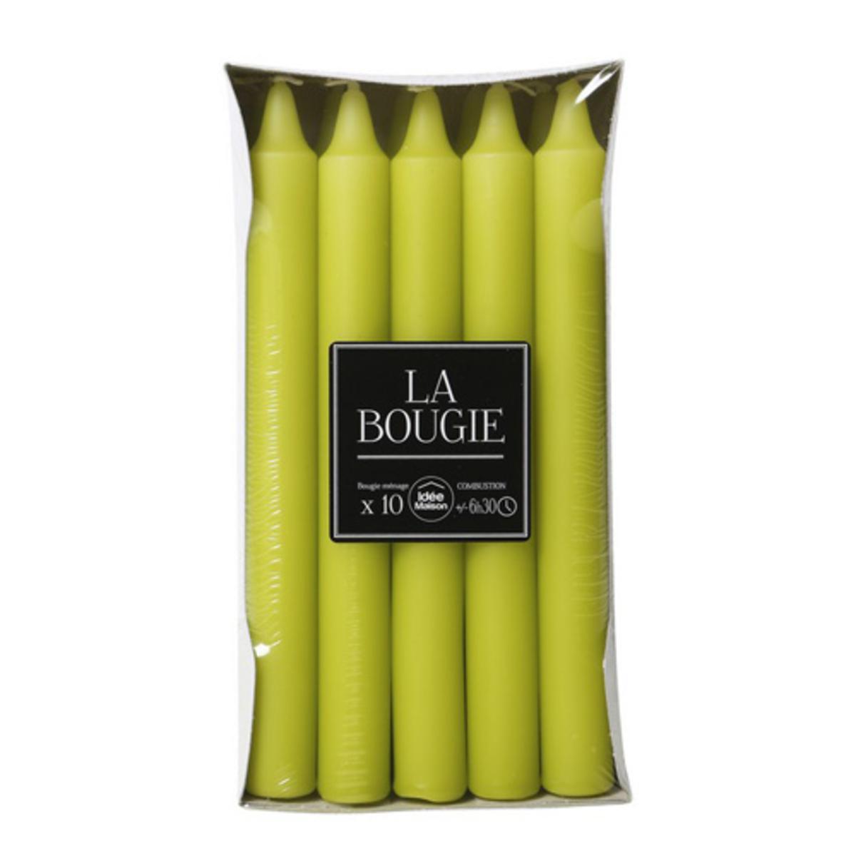 Lot de 10 bougies en cire - Diamètre 0,9 x H 18 cm - Vert