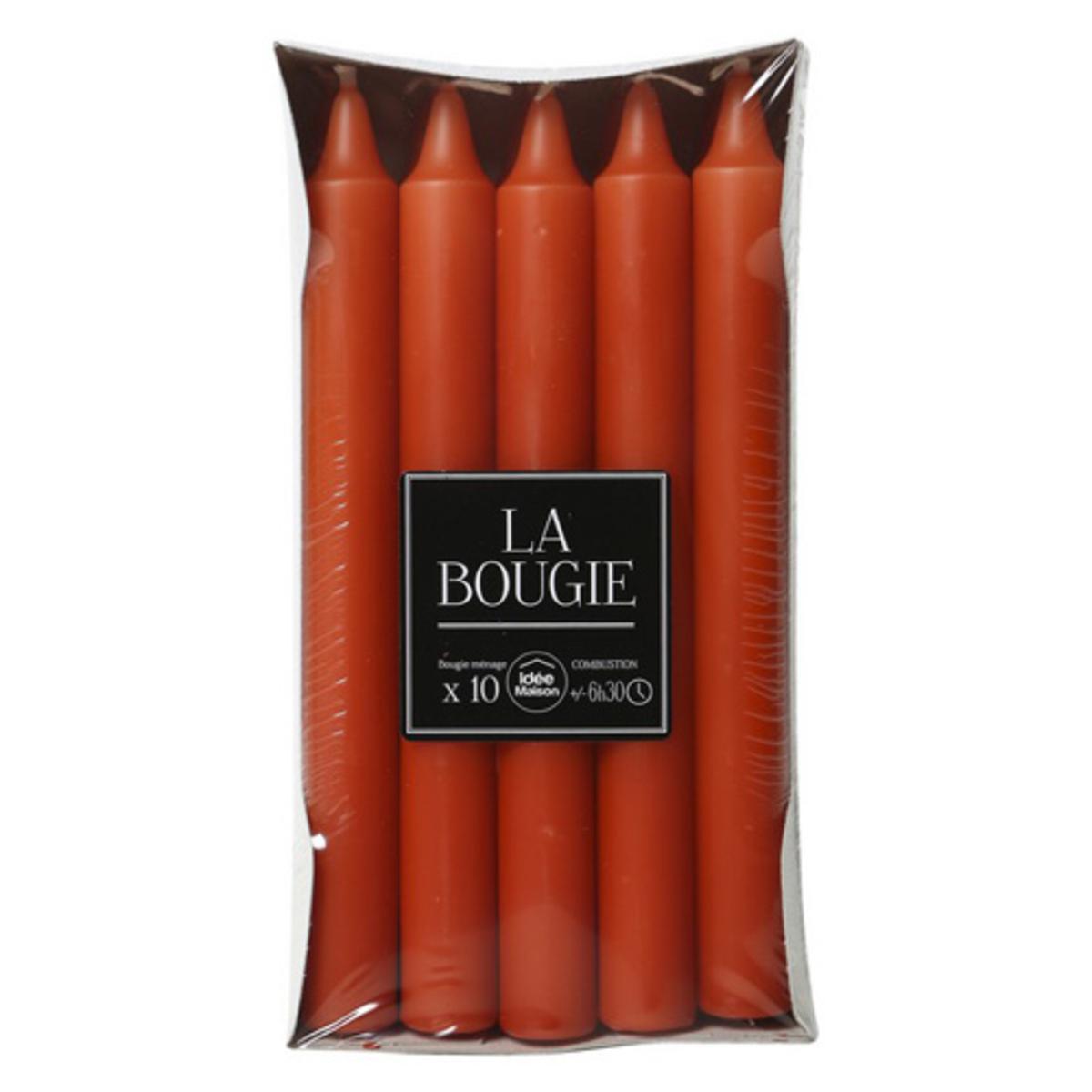 Lot de 10 bougies en cire - Diamètre 0,9 x H 18 cm - Orange