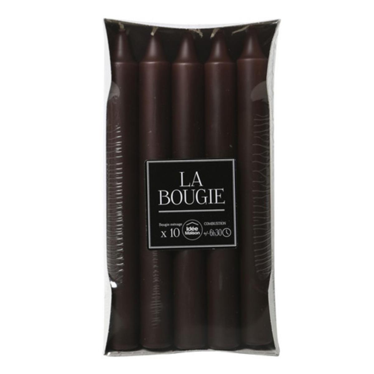 Lot de 10 bougies en cire - Diamètre 0,9 x H 18 cm - Marron chocolat