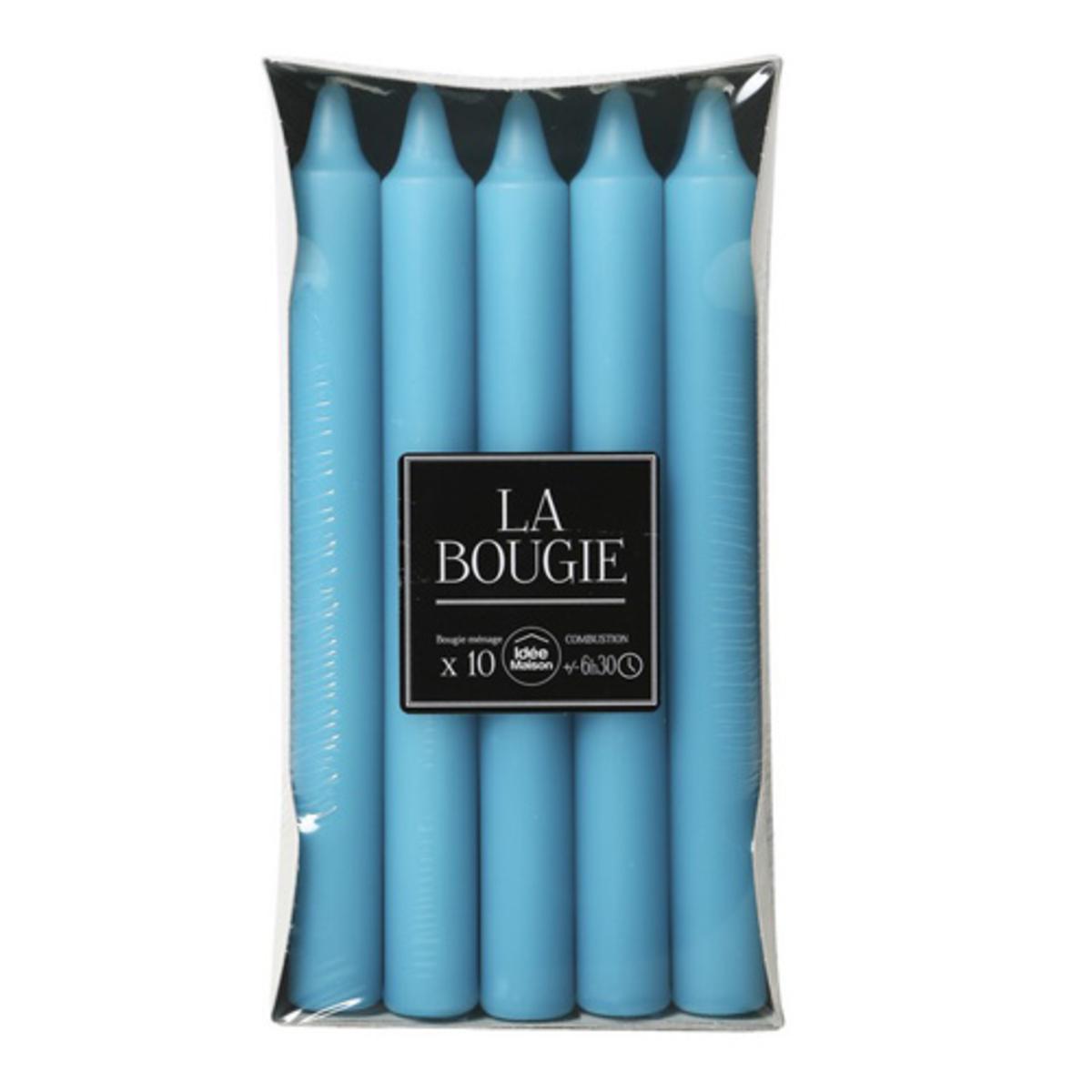 Lot de 10 bougies en cire - Diamètre 0,9 x H 18 cm - Bleu turquoise