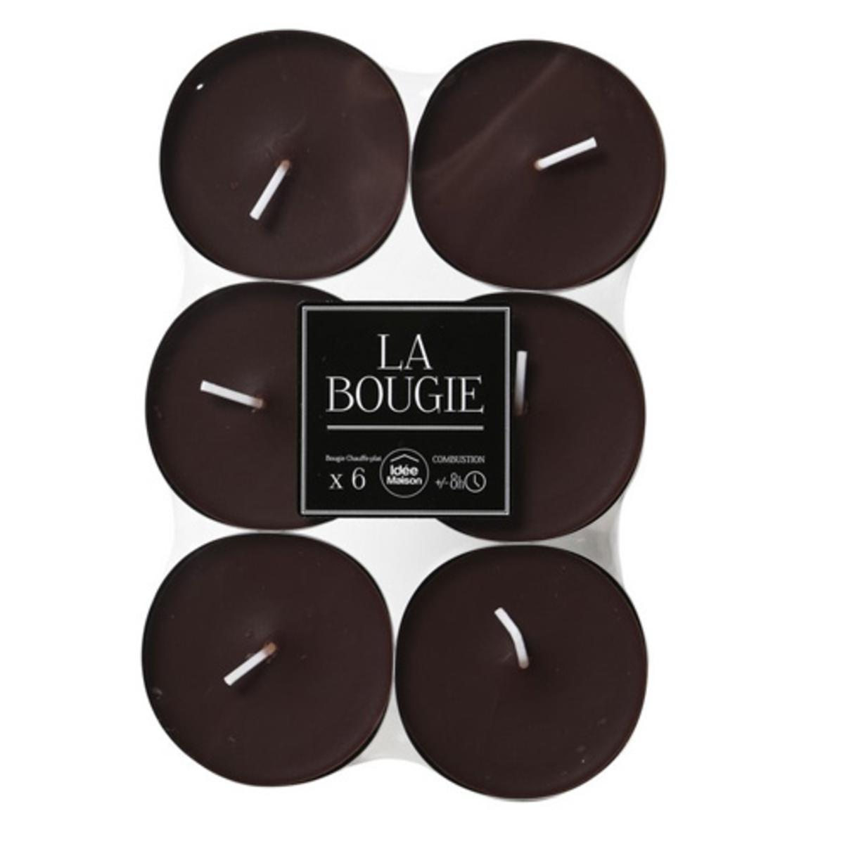 Lot de 6 bougies maxi chauffe-plat en cire - 5,8 x H 2,5 cm - Marron chocolat