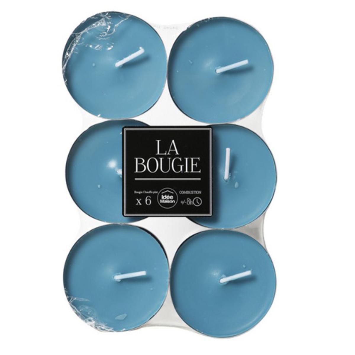 Lot de 6 bougies maxi chauffe-plat en cire - 5,8 x H 2,5 cm - Bleu
