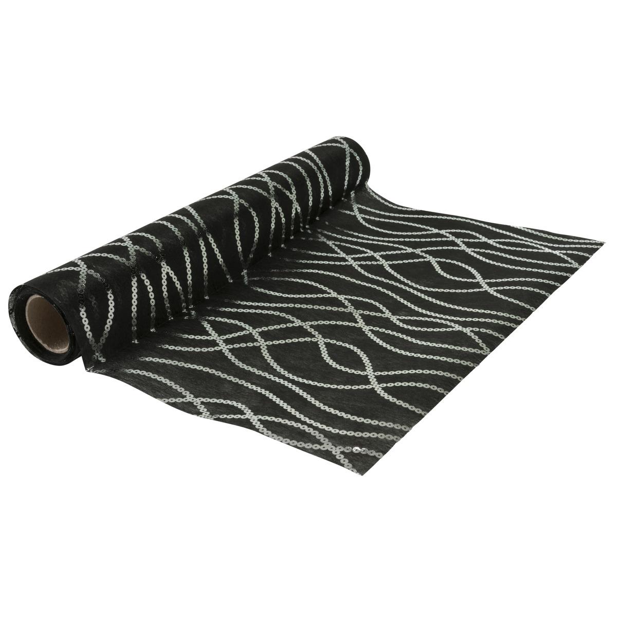 Chemin de table en rouleau motif vagues argentées - 0,30 x 5 m - Noir, Gris argenté