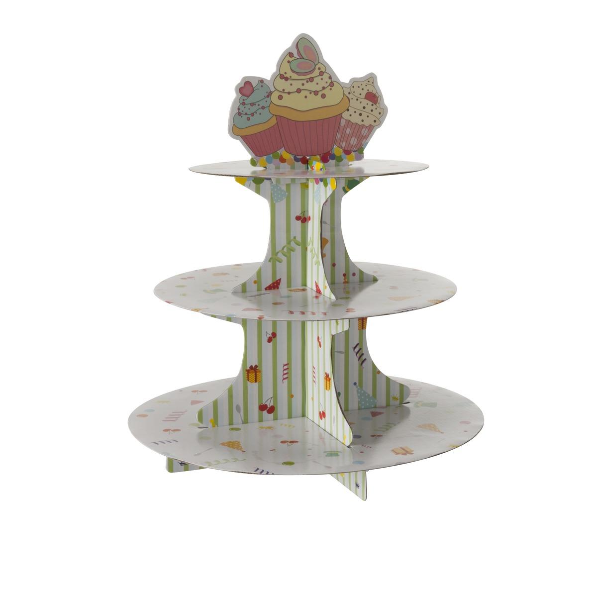 Support à cupcake 3 étages en carton - diamètre 30 x H 36 cm - multicolore