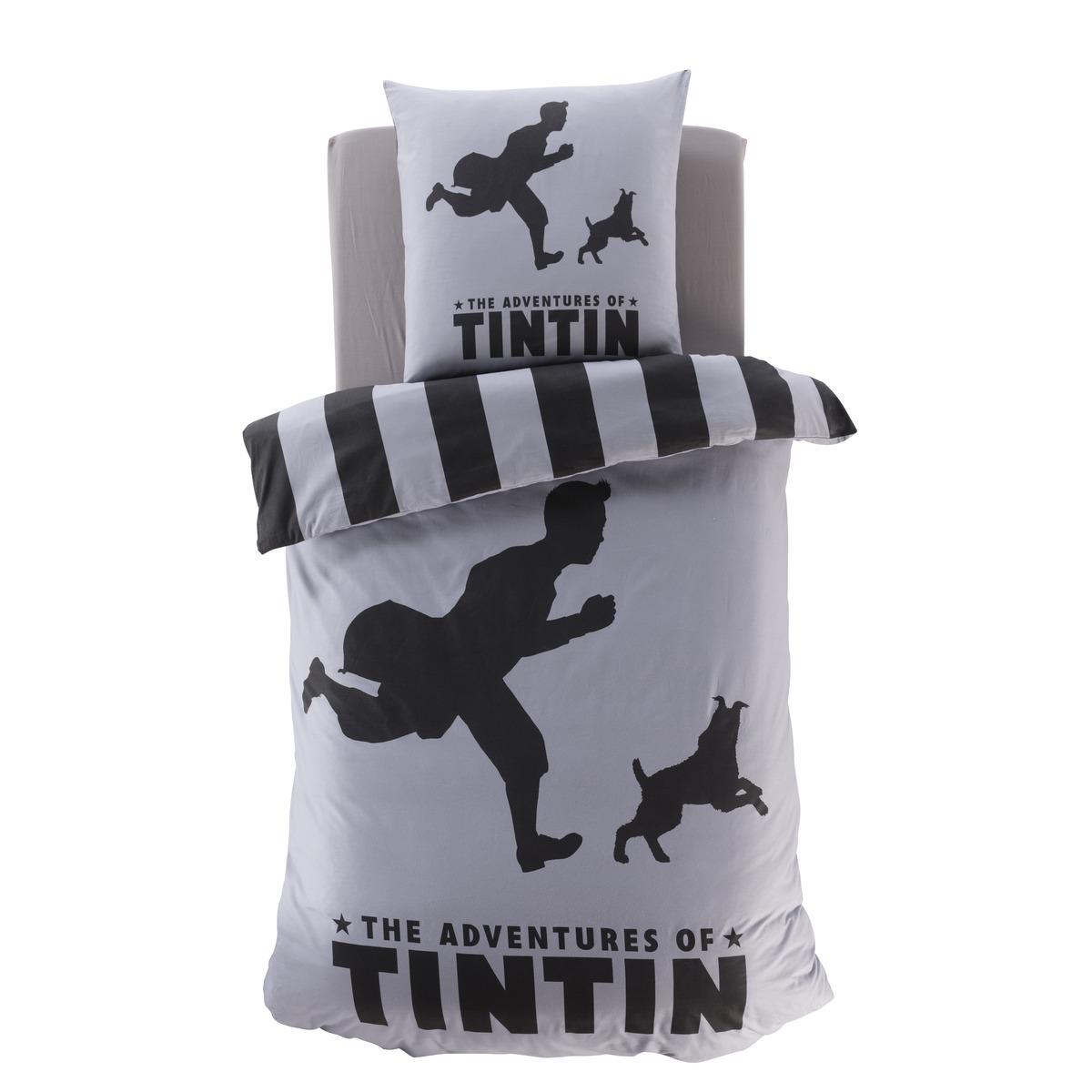 Parure de lit 1 personne à motif Tintin en coton - 140 x 200 cm - gris, noir