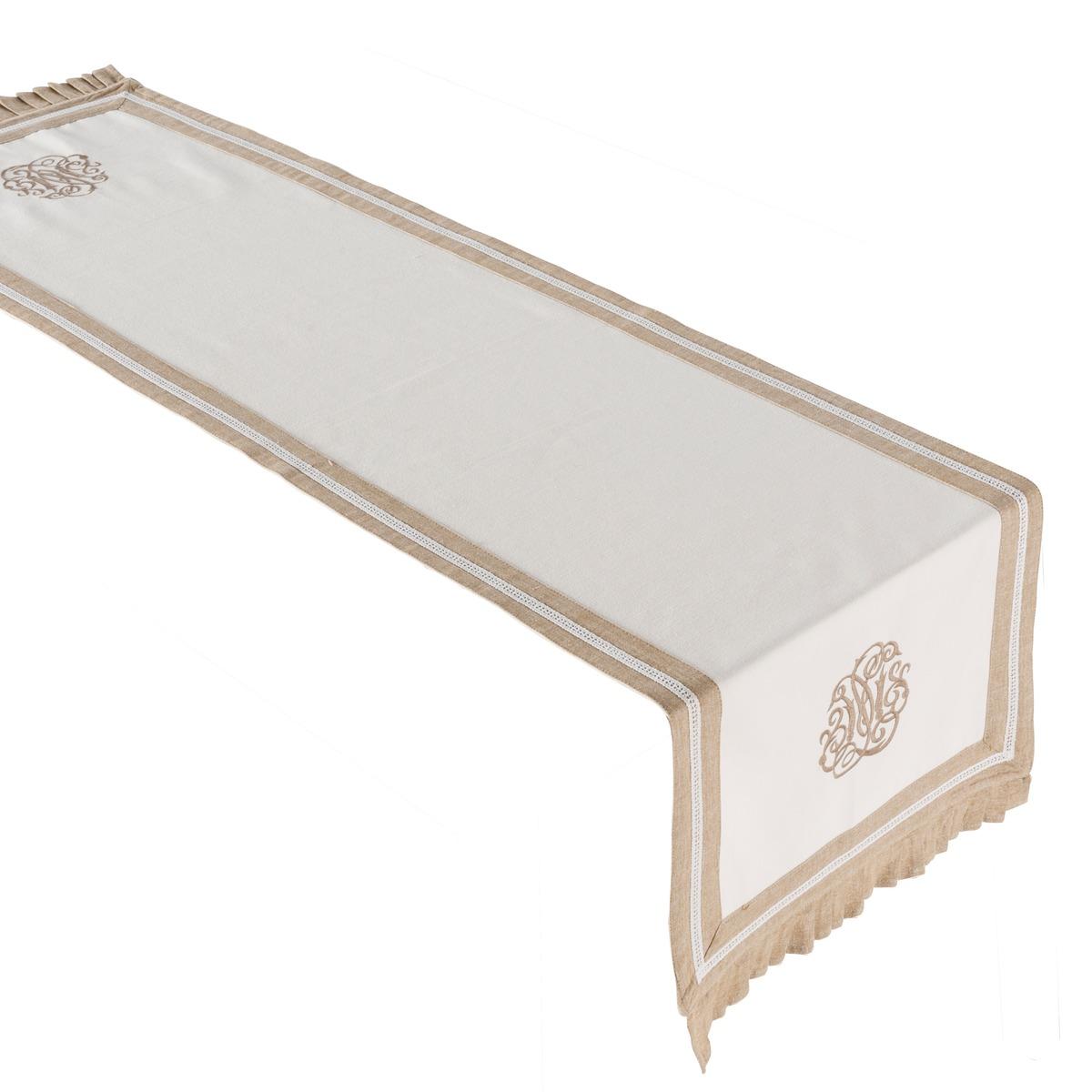 Chemin de table en coton avec dentelle - 40 x 150 cm - Beige