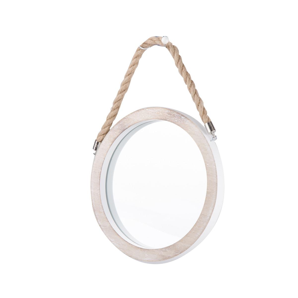 Miroir rond attache corde - 29,7 x H 42 cm - Blanc, Marron