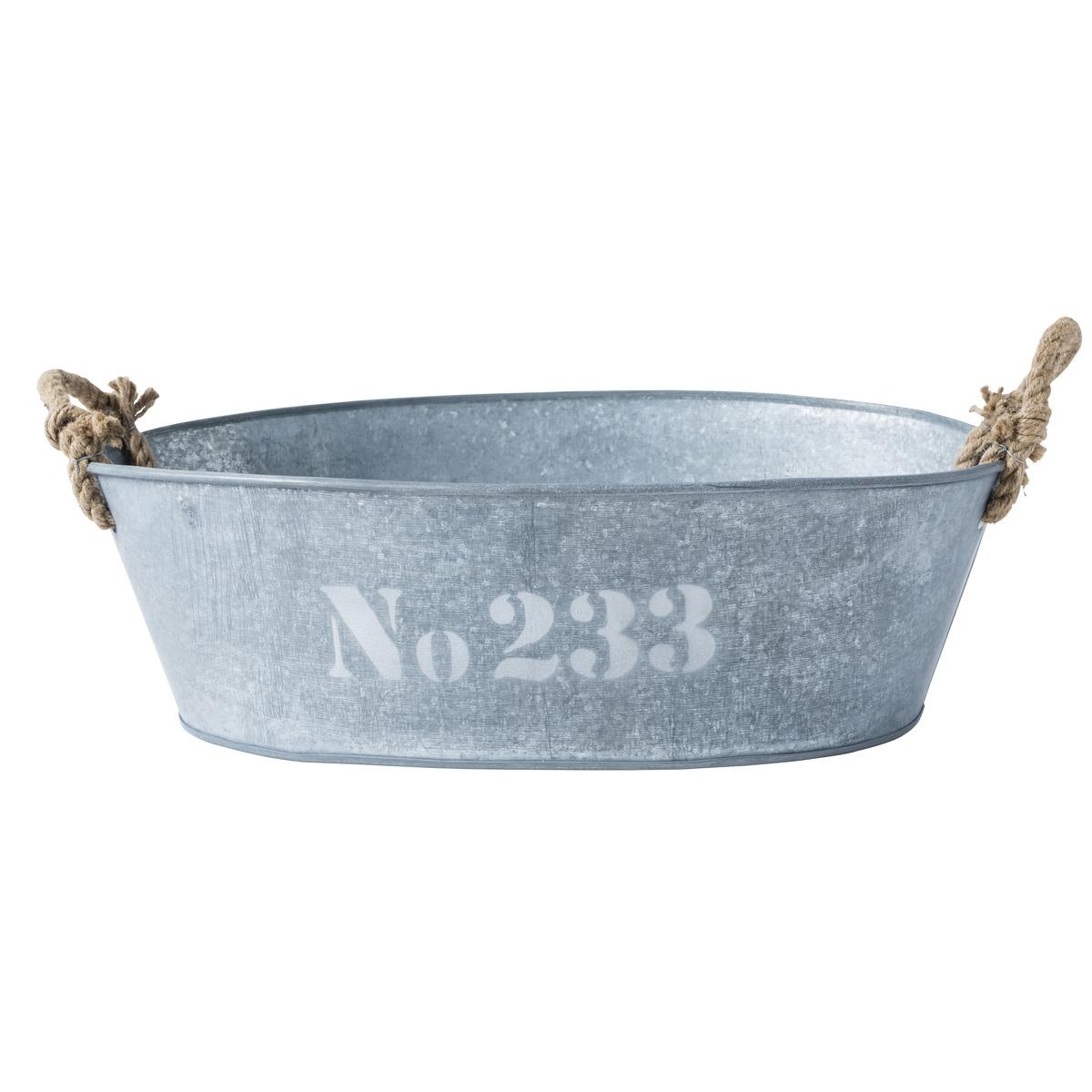 Pot décoratif en Zinc avec poignée en corde - 40 x 30 x H 13 cm - gris