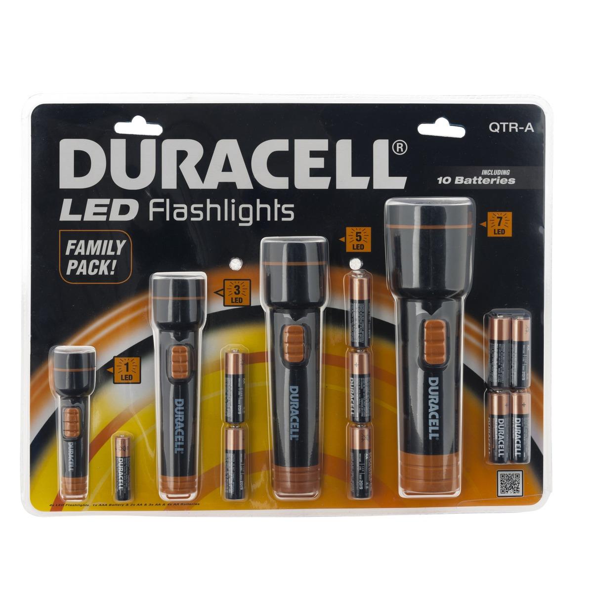 Lot de 4 lampes torches Duracell avec 9 piles - différentes tailles - noir