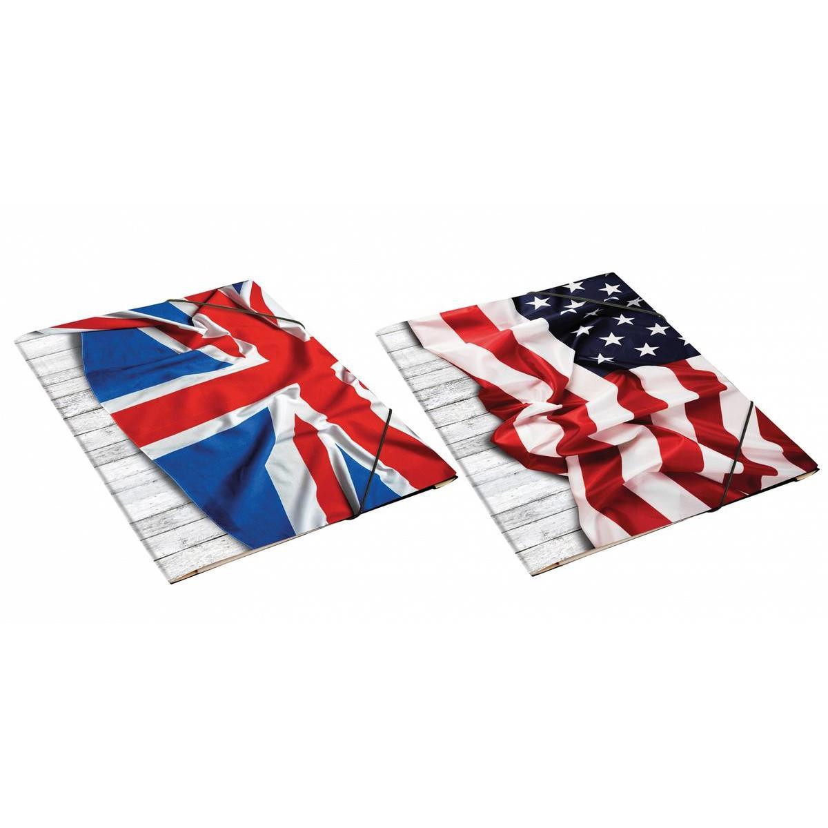 Pochette à rabats drapeau britannique ou américain - Carton souple - 24 x H 32 cm (format A4) - Multicolore