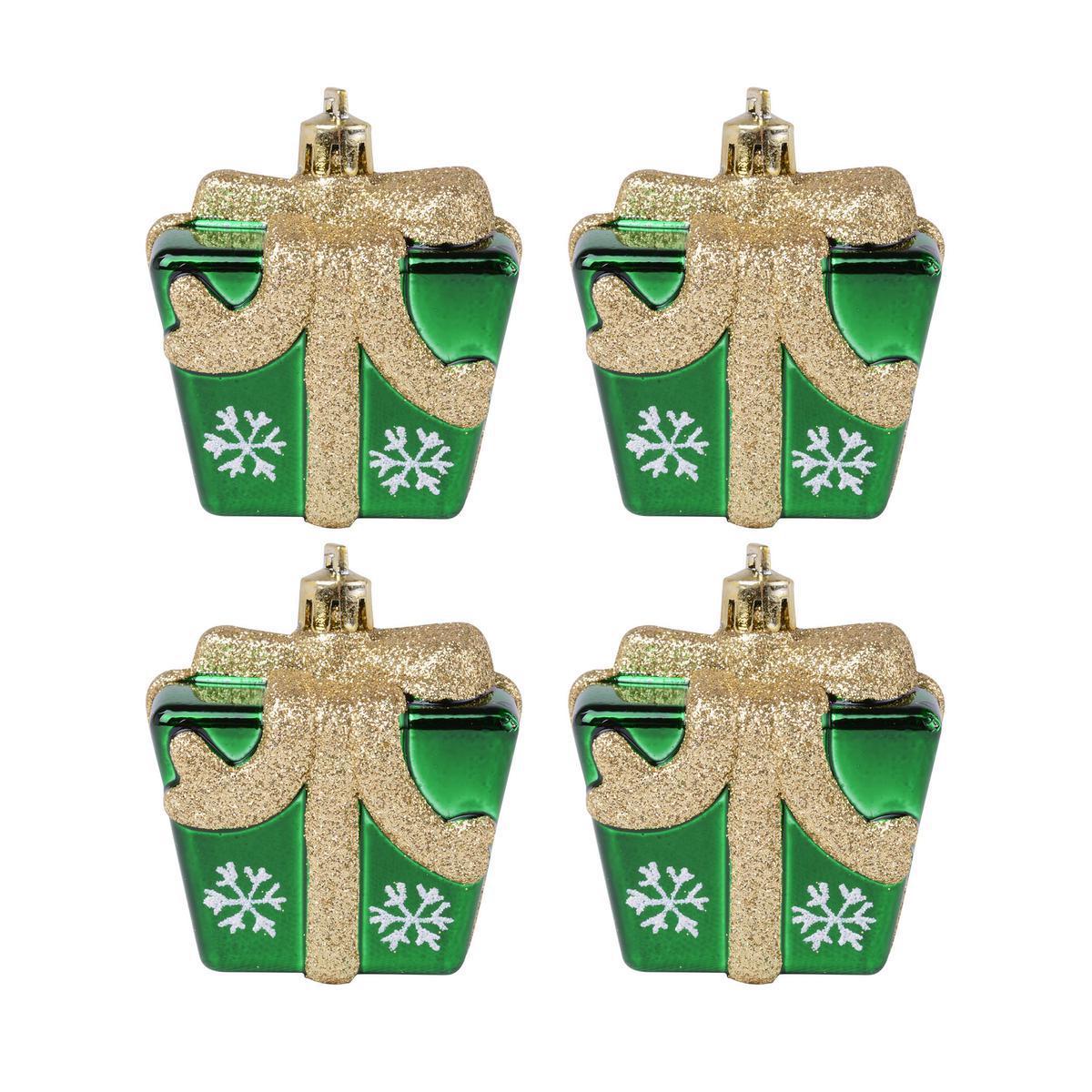 Lot de 4 suspensions cadeaux - Plastique - 7 x 4 cm - Vert et or