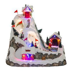 Village piste de ski lumineux - Polyrésine - 31 x 20,5 x H 34 cm - Multicolore