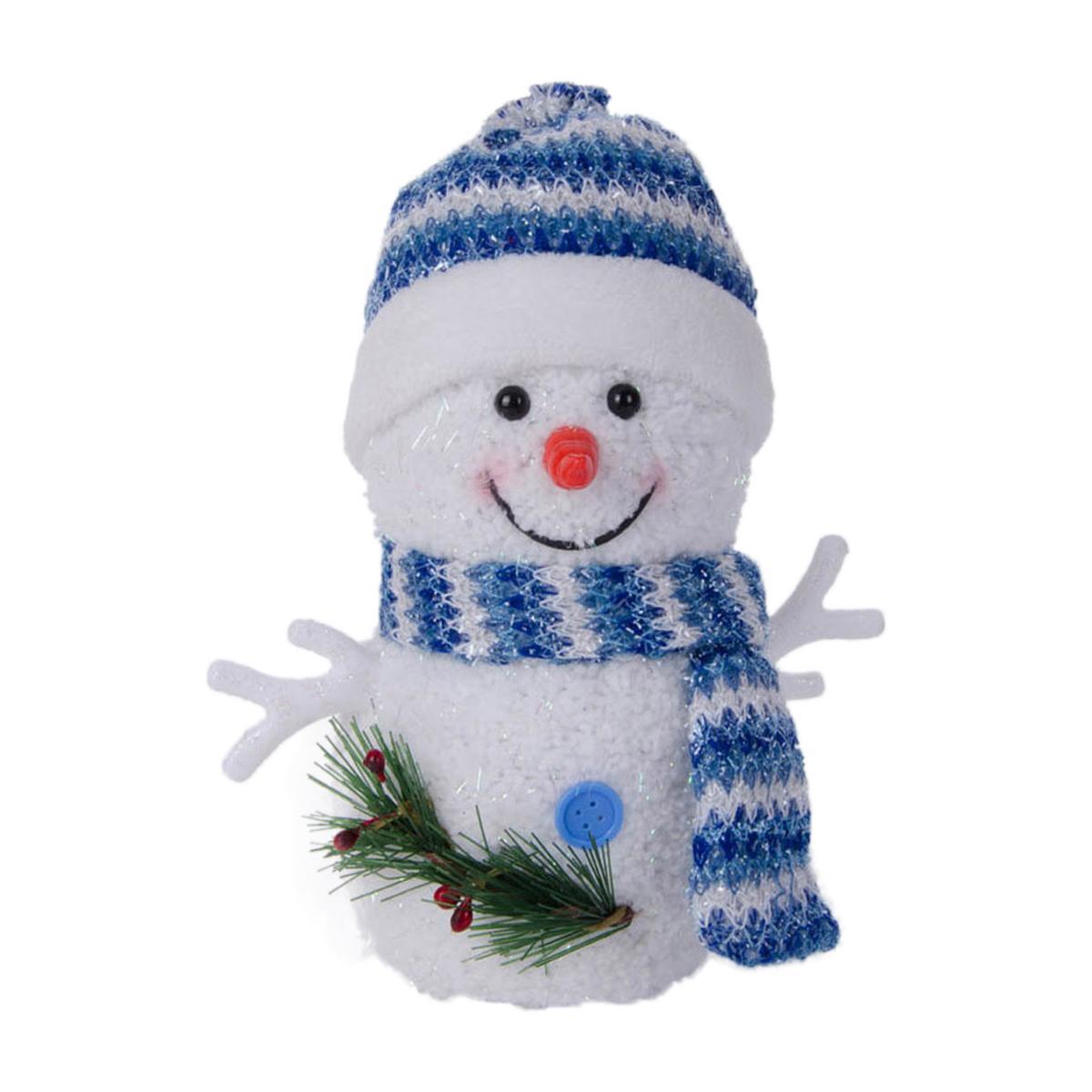Bonhomme de neige LED - Plastique et tissu - 14 x 12 x H 20 cm - Bleu et blanc