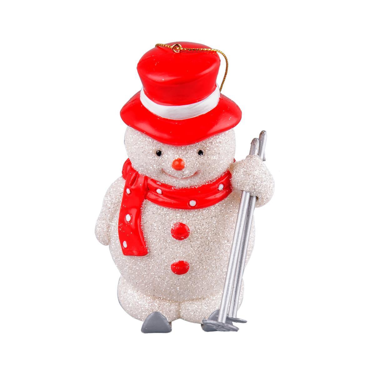 Suspension bonhomme de neige - Plastique - 6,8 x 8,6 x H 11,7 cm - Blanc et rouge
