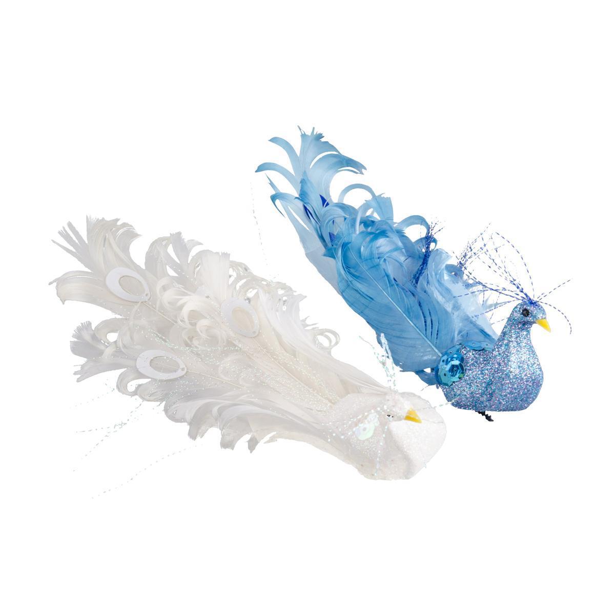 Lot de 2 pinces colombes - Plumes et polystyrène - 21 cm - Blanc et bleu