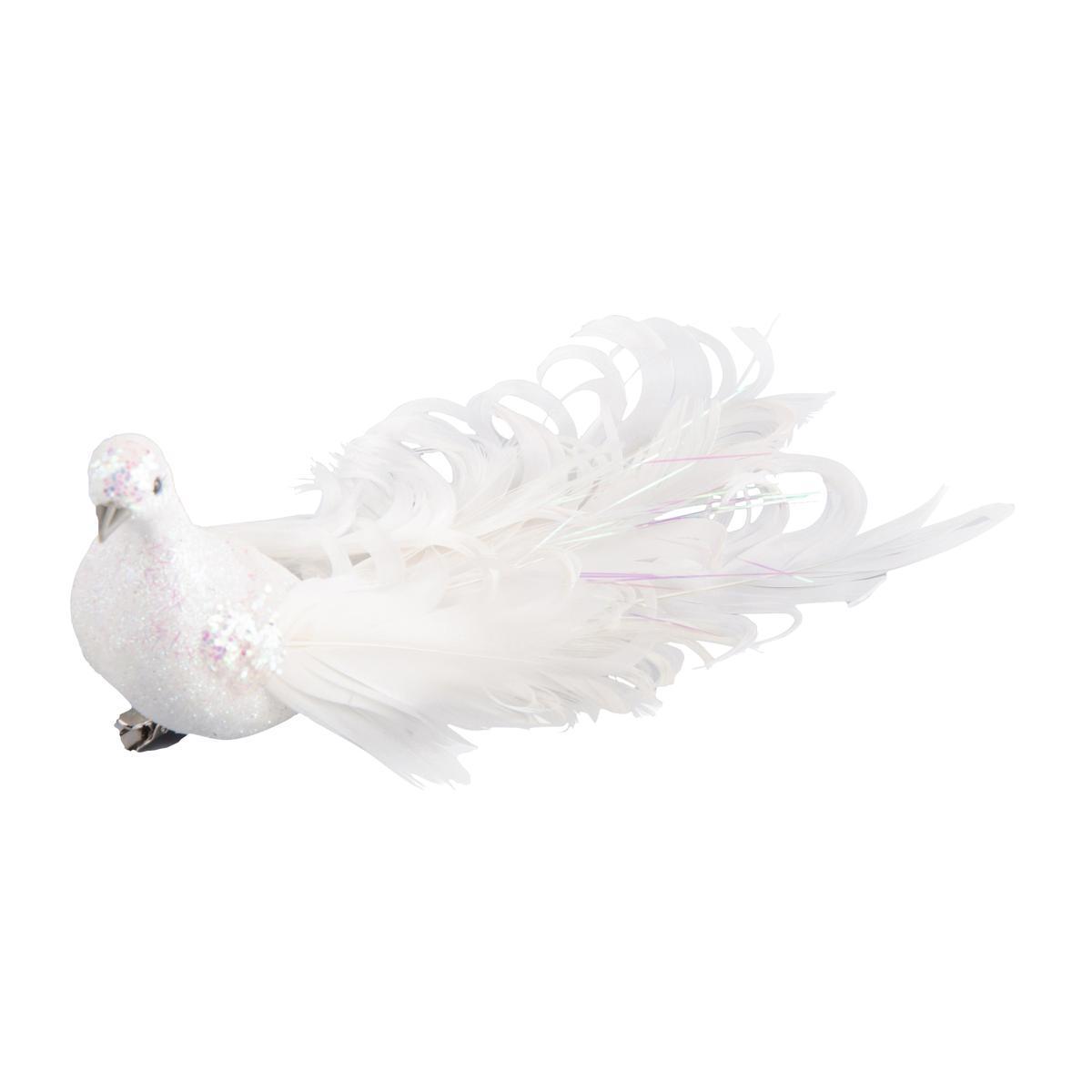 Pince colombe pailletée - Polystyrène et plumes - 20 x 6 x H 4,5 cm - Blanc