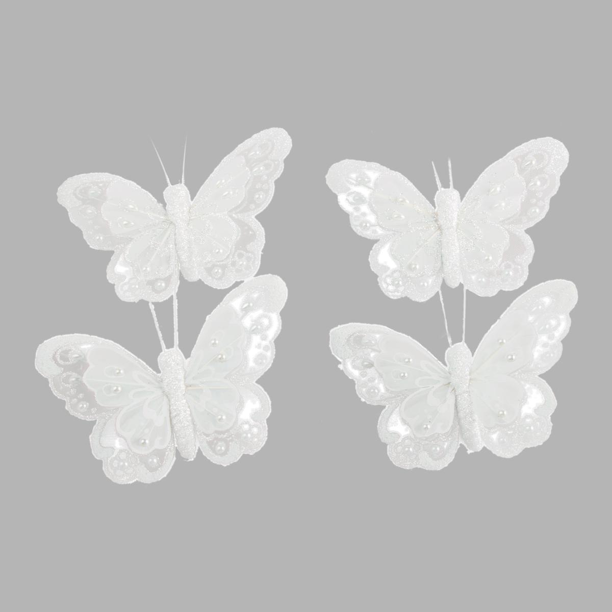 Lot de 4 pinces papillons perlé - Polystyrène et plumes - 6,5 x 12 x H 2 cm - Blanc