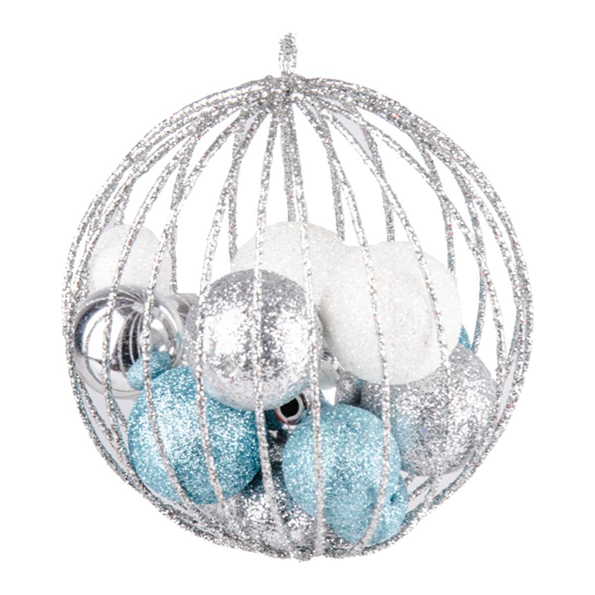 Suspension boules dans cage - Plastique - Ø 10 cm - Argent et bleu