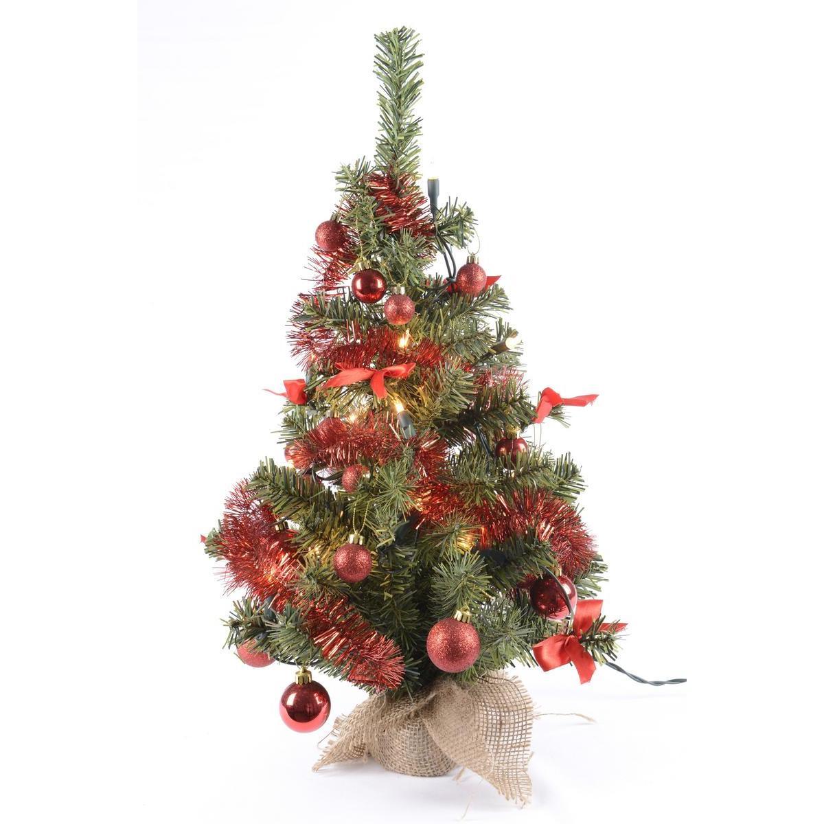 Mini sapin de Noël décoré et lumineux - Plastique - Ø 37 x H 60 cm - Vert et rouge