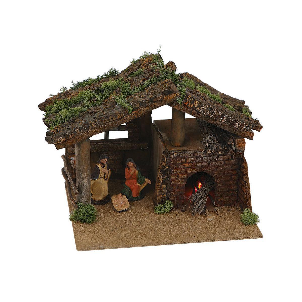 Crèche et 3 santons - Bois et résine - 25 x 22 x H 22 cm - Multicolore