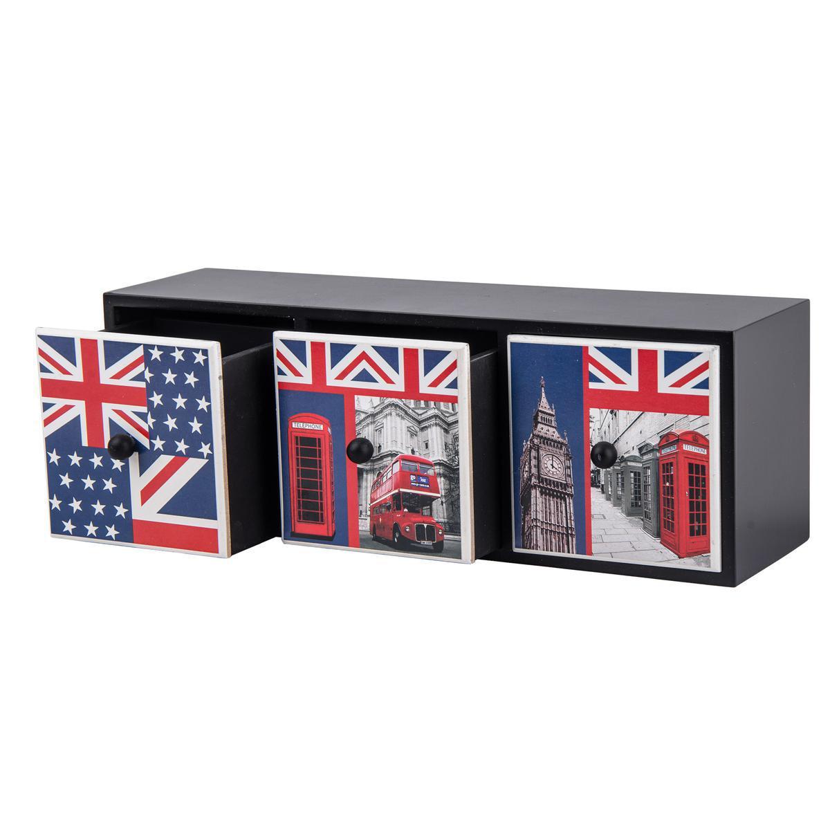 Casier déco London 3 tiroirs - MDF - 32.6 x 10.5 x 11.3 cm - Rouge bleu et blanc