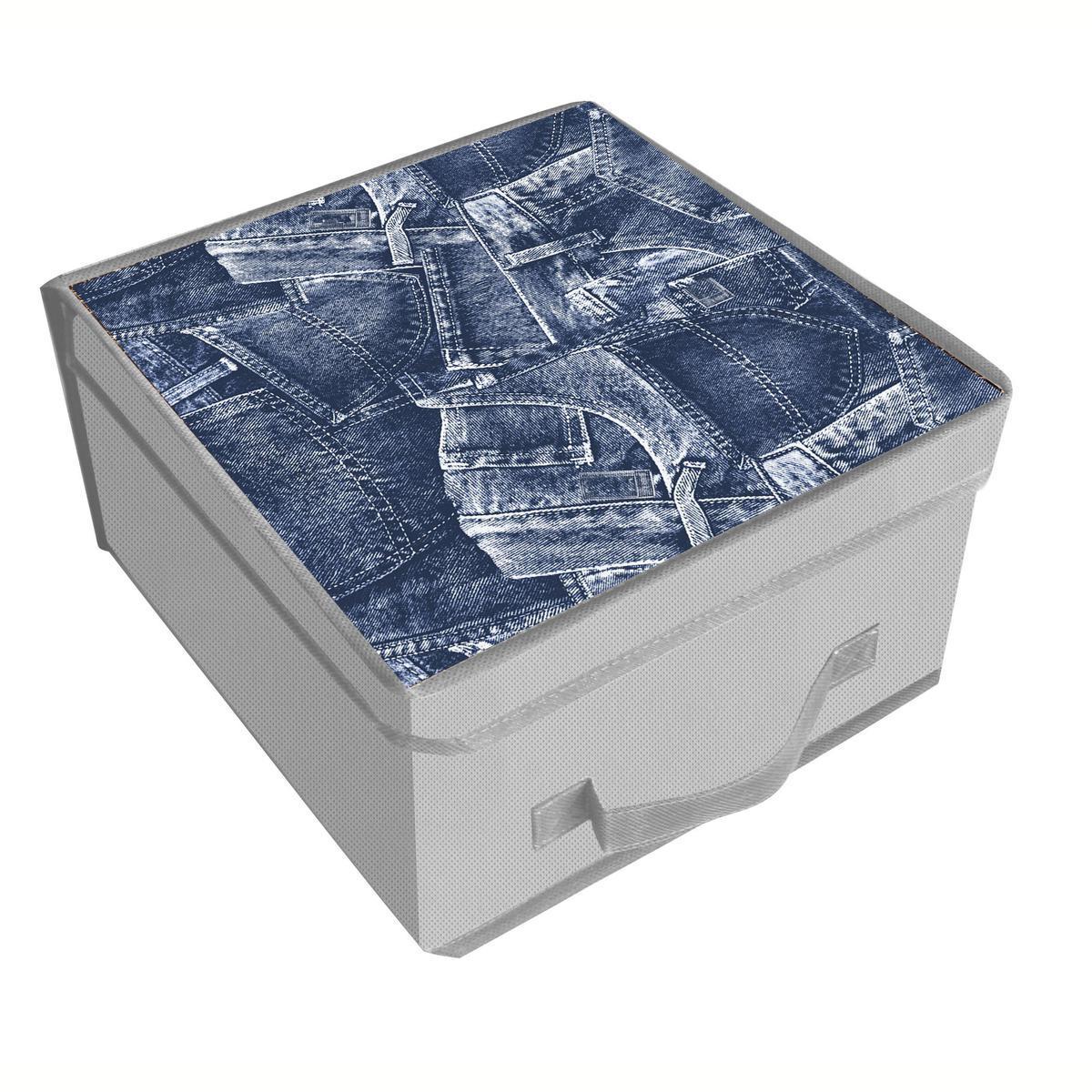 Boîte de rangement - Tissu non tissé - 30 x 28 x H 15 cm - Motif jean bleu