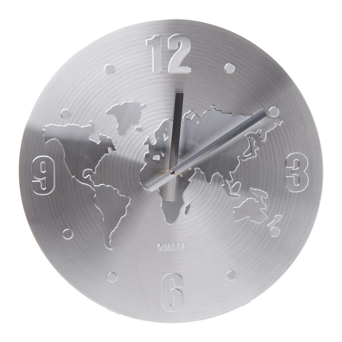 Horloge globe terrestre - Aluminium - D 40 cm - Gris
