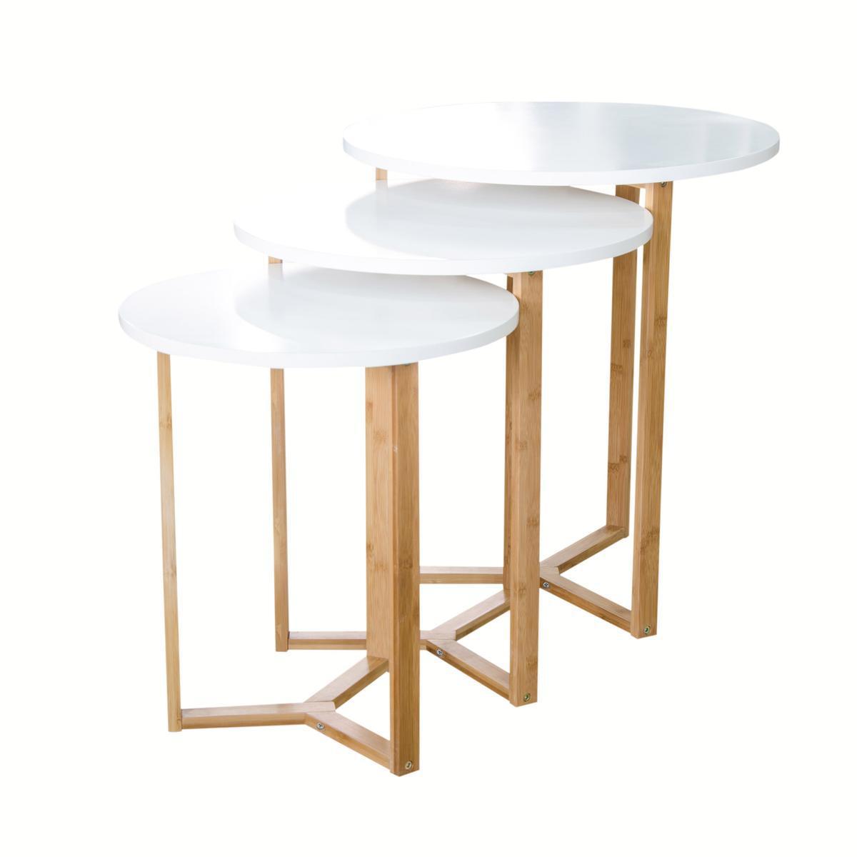 Lot de 3 tables gigogne - MDF et bambou - 50 x 50 x H50 cm - Blanc et marron