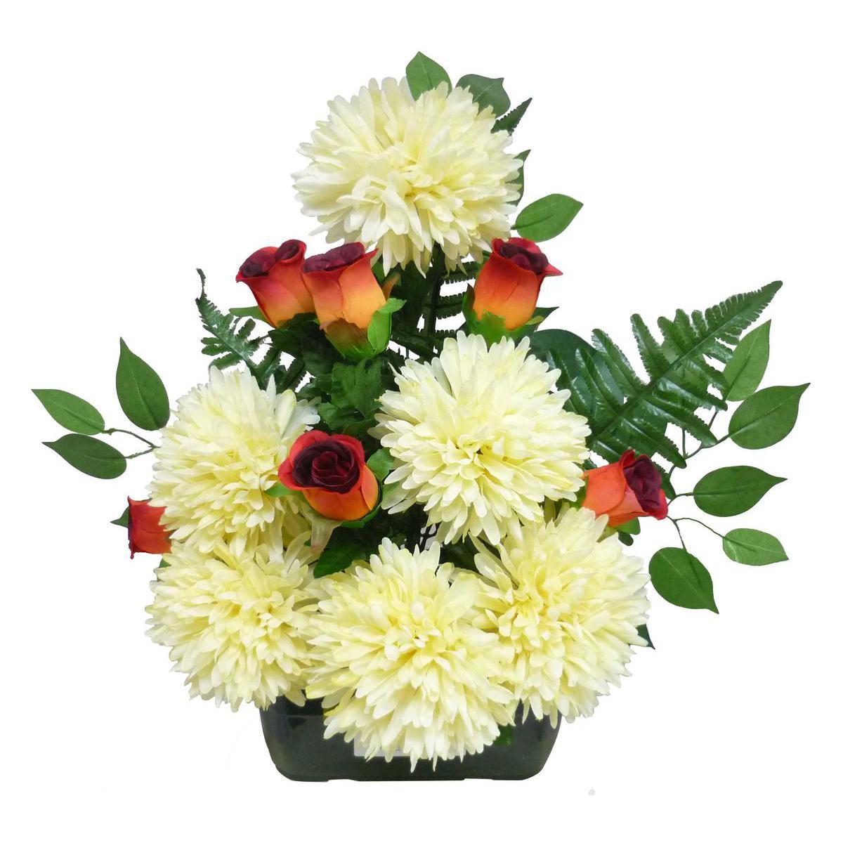 Jardinière boutons de roses et chrysanthèmes - Polyester - H 53 cm - Différents coloris